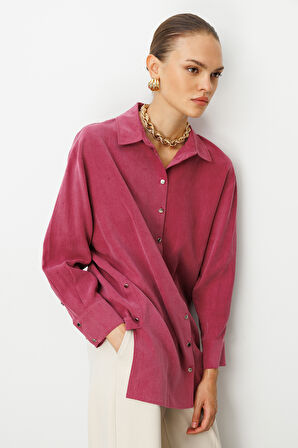 Mizalle Yan Düğmeli Mürdüm Cupro Tunik