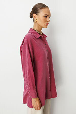 Mizalle Yan Düğmeli Mürdüm Cupro Tunik