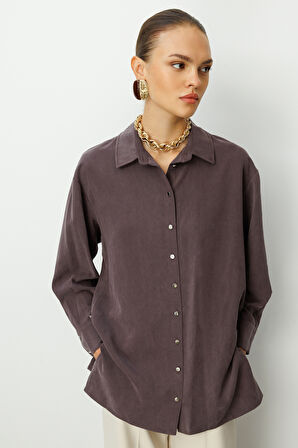 Mizalle Yan Düğmeli Kahverengi Cupro Tunik