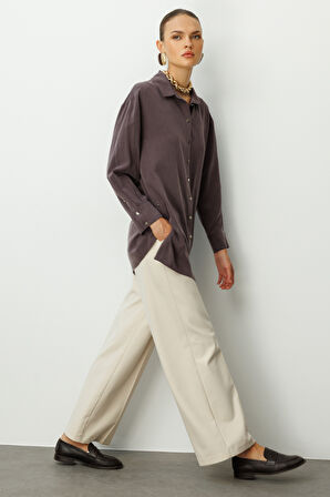 Mizalle Yan Düğmeli Kahverengi Cupro Tunik