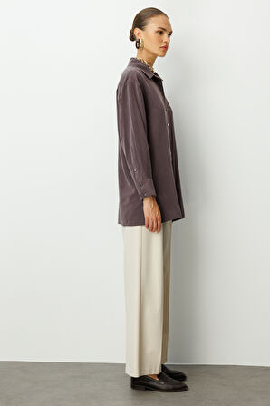 Mizalle Yan Düğmeli Kahverengi Cupro Tunik