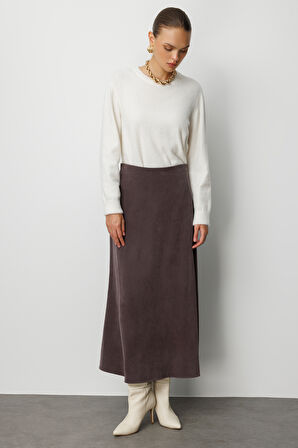 Mizalle A Kesim Cupro Kahverengi  Maksi Etek