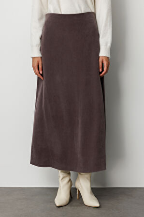 Mizalle A Kesim Cupro Kahverengi  Maksi Etek