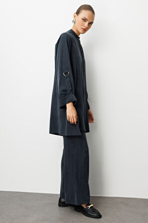 Mizalle Safari Kol Detaylı Siyah Cupro Tunik