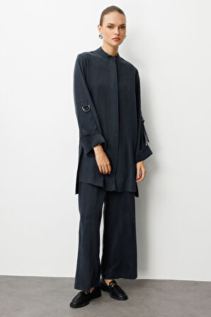 Mizalle Safari Kol Detaylı Siyah Cupro Tunik