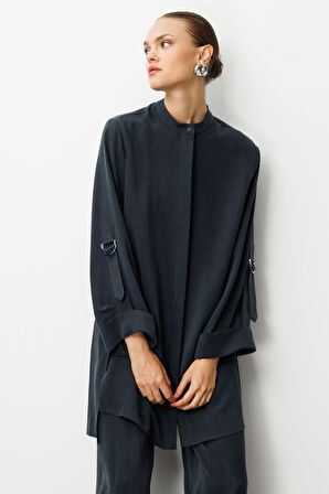 Mizalle Safari Kol Detaylı Siyah Cupro Tunik