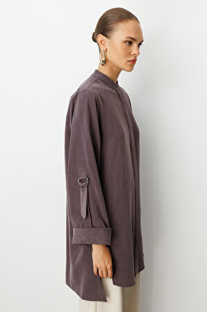 Mizalle Safari Kol Detaylı Kahverengi  Cupro Tunik