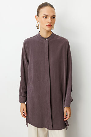 Mizalle Safari Kol Detaylı Kahverengi  Cupro Tunik