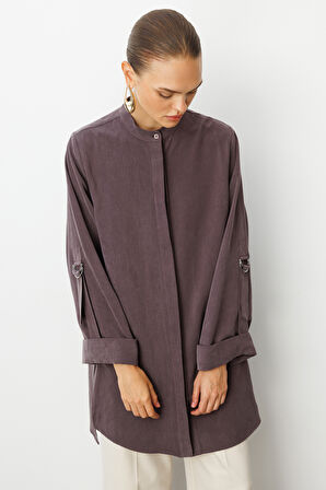 Mizalle Safari Kol Detaylı Kahverengi  Cupro Tunik