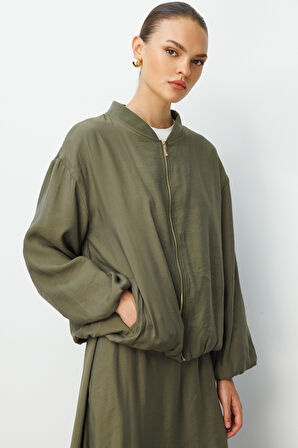 Mizalle Modal Karışımlı Haki Oversize Bomber Ceket