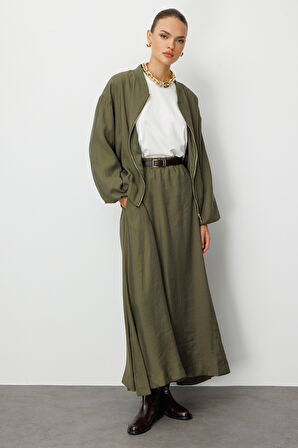 Mizalle Modal Karışımlı Haki Beli Lastikli  Maksi Etek