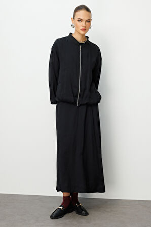 Mizalle Modal Karışımlı Siyah Beli Lastikli  Maksi Etek