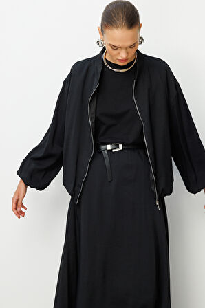 Mizalle Modal Karışımlı Siyah Beli Lastikli  Maksi Etek