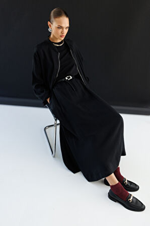 Mizalle Modal Karışımlı Siyah Beli Lastikli  Maksi Etek