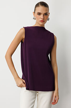 Mizalle Full İnce Pilise Mor Kolsuz Şifon Bluz