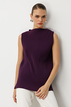 Mizalle Full İnce Pilise Mor Kolsuz Şifon Bluz