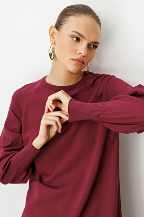 Mizalle Premium  Rayon Balon Kol Mürdüm Triko Kazak