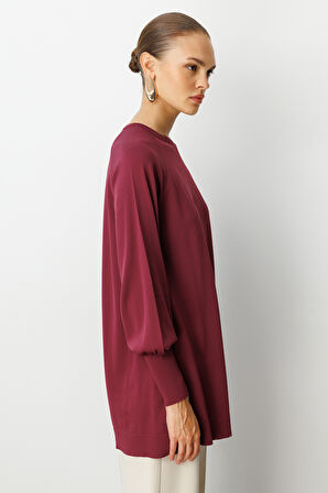 Mizalle Premium  Rayon Balon Kol Mürdüm Triko Kazak