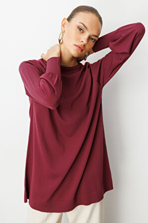 Mizalle Premium  Rayon Balon Kol Mürdüm Triko Kazak