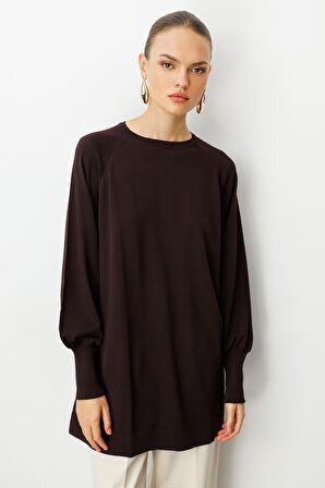 Mizalle Premium  Rayon Balon Kol Kahverengi Triko Kazak