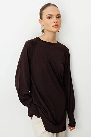 Mizalle Premium  Rayon Balon Kol Kahverengi Triko Kazak