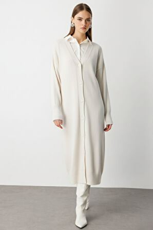 Mizalle Oversize V Yaka Uzun Ekru Triko Hırka