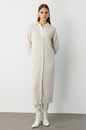 Mizalle Oversize V Yaka Uzun Ekru Triko Hırka