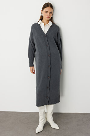 Mizalle Oversize V Yaka Uzun Gri Triko Hırka