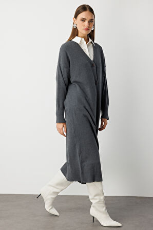 Mizalle Oversize V Yaka Uzun Gri Triko Hırka