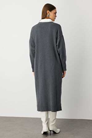 Mizalle Oversize V Yaka Uzun Gri Triko Hırka
