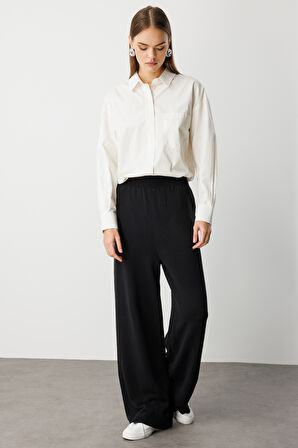 Mizalle Geniş Paça Beli Lastikli Siyah Triko Jogger Pantolon