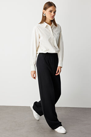 Mizalle Geniş Paça Beli Lastikli Siyah Triko Jogger Pantolon