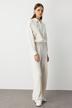 Mizalle Geniş Paça Beli Lastikli Ekru Triko Jogger Pantolon