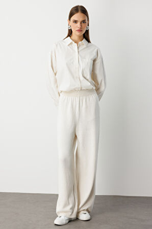 Mizalle Geniş Paça Beli Lastikli Ekru Triko Jogger Pantolon