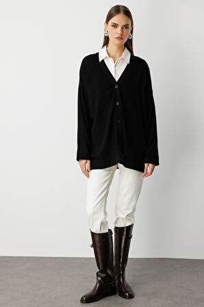 Mizalle Ekstra Oversize Düşük Kol Basic Siyah İnce Triko Hırka