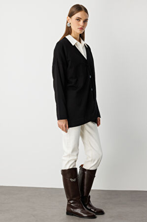 Mizalle Ekstra Oversize Düşük Kol Basic Siyah İnce Triko Hırka