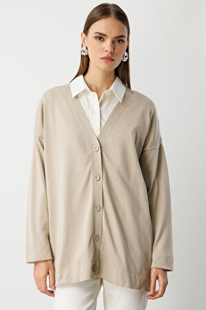 Mizalle Ekstra Oversize Düşük Kol Basic Bej Rengi İnce Triko Hırka