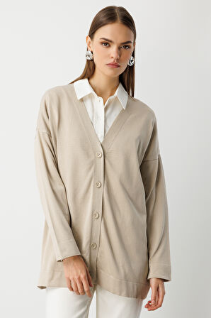 Mizalle Ekstra Oversize Düşük Kol Basic Bej Rengi İnce Triko Hırka