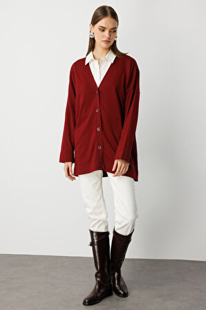 Mizalle Ekstra Oversize Düşük Kol Basic Bordo İnce Triko Hırka