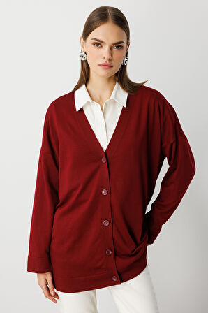 Mizalle Ekstra Oversize Düşük Kol Basic Bordo İnce Triko Hırka