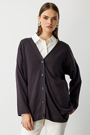 Mizalle Ekstra Oversize Düşük Kol Basic Antrasit İnce Triko Hırka