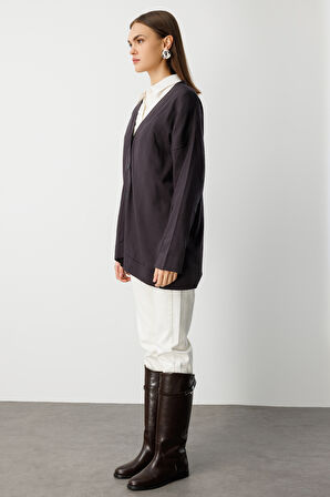 Mizalle Ekstra Oversize Düşük Kol Basic Antrasit İnce Triko Hırka