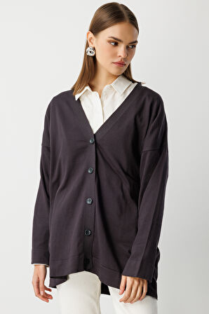 Mizalle Ekstra Oversize Düşük Kol Basic Antrasit İnce Triko Hırka