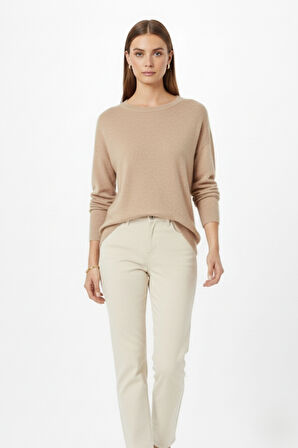 Mizalle Ekstra Oversize Düşük Kol Basic Bej Rengi İnce Triko Kazak