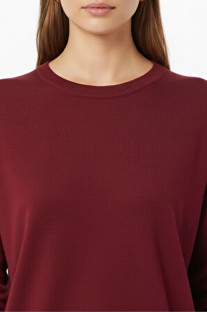 Mizalle Ekstra Oversize Düşük Kol Basic Bordo İnce Triko Kazak