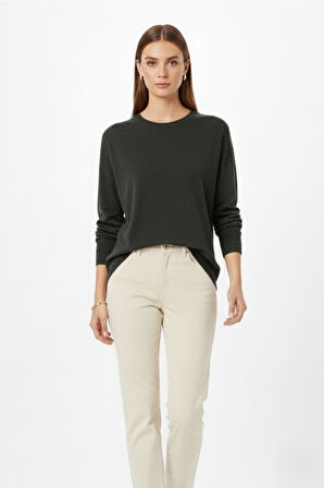 Mizalle Ekstra Oversize Düşük Kol Basic Antrasit İnce Triko Kazak