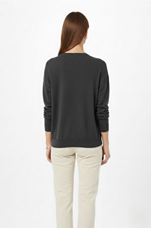 Mizalle Ekstra Oversize Düşük Kol Basic Antrasit İnce Triko Kazak