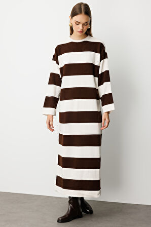 Mizalle Oversize Ekru Kahverengi Çizgili Uzun Kalın Triko El