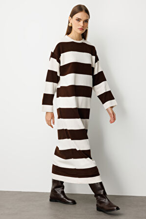 Mizalle Oversize Ekru Kahverengi Çizgili Uzun Kalın Triko El