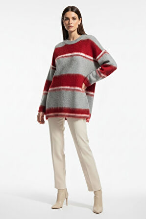 Mizalle Oversize Yumuşak Doklu Gri Kırmızı  Çizgili Triko Ka